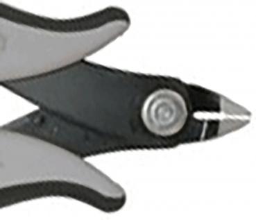 The image shows a pair of pliers with a metallic head and two ergonomically shaped handles. The pliers have a pointed, sharp working surface and are colored in black and gray.