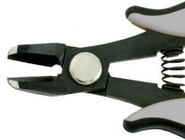 The image shows a pair of pliers with a black and white handle. The head section is open and has sharp, pointed edges. There is a spring in the middle for support.