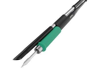 The image shows a fountain pen with a silver metal clip and a pointed nib. The grip is green and the body is black, creating a modern contrast.