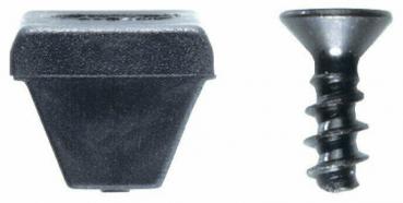 The image shows two black parts. On the left is a flat, trapezoidal block with a smooth surface. On the right is a screw with a conical head and a spiral shaft.