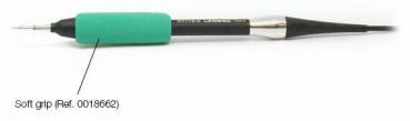 The image shows a pen with a green, soft grip in the middle. The front part is narrow and ends with a fine tip. The body is black with a silver element.