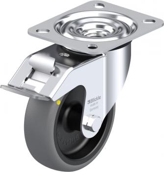 Das Bild zeigt ein stilvolles Rollenlager aus Metall mit einer runden, grauen Gummiradfläche. Oben befindet sich eine rechteckige Platte zur Befestigung, mit einem drehbaren Rad darunter.