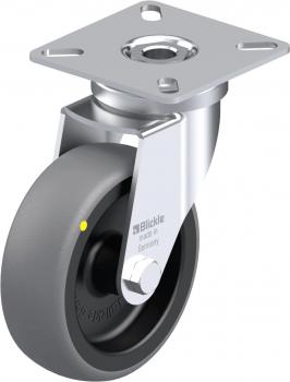 The image shows a gray roller bearing with a metal bracket. The roller is round and has a smooth bottom, while the bracket is rectangular and appears sturdy.