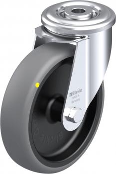 The image shows a simple wheel with a gray rubber tire and a metallic holder. The holder has a shiny surface and a central axle.