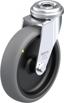 The image shows a caster wheel with a silver metal casing and gray rubber tires. The wheel has a black core and a yellow marking. It is designed for movable furniture.