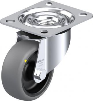 The image displays a metal roller bearing with a mountable plate. It features a gray rubber roller that rotates easily, and a shiny, silver bracket.