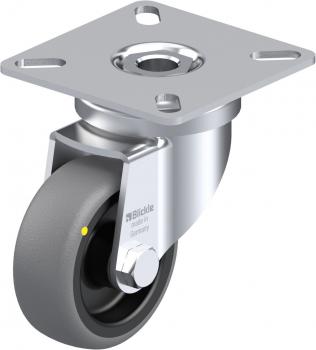 The image displays a silver furniture caster with a swiveling mount. The rubber is dark and features a yellow marking. It is suitable for easily moving furniture.