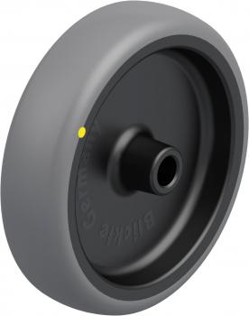 The image shows a round wheel with a gray rubber outer rim and a black inner mount. In the center, there is an opening for the axle. It has a yellow marking.