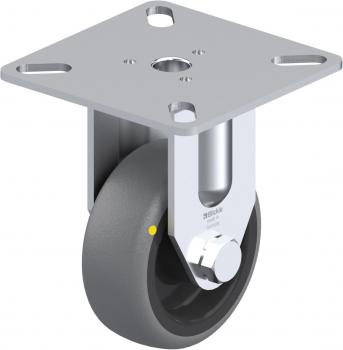 The image displays a gray-colored wheel with a metal bracket. It has a round shape and a flat top plate with mounting holes. The wheel features a yellow marking.