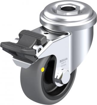 The image shows a swivel caster wheel made of metal and plastic. It features gray rubber tires, a sturdy metal frame, and a brake for locking. It is intended for use on furniture or carts.