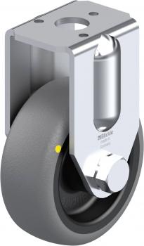 The image shows a gray wheel with a black core and a metal bracket. The bracket is silver-colored and has a square area with screws for mounting.