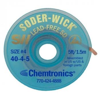 Das Bild zeigt eine transparente Spule mit einem blauen Rand. Darauf steht "SODER-WICK" und "LEAD-FREE SD". In der Mitte ist ein Loch, und die Spule ist mit kupferfarbener Entlötlitze gefüllt.