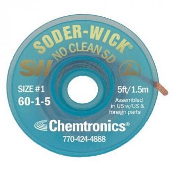 The image shows a round, transparent roll with blue foil. There is a hole in the center. The roll is labeled "SODER-WICK" and includes information about size and length.