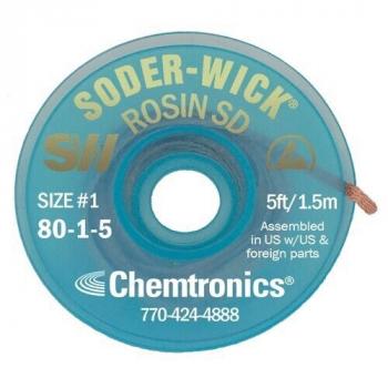 The image shows a round coil in greenish-blue color. It reads "Soder-Wick Rosin SD" along with some technical specifications. A thin copper wire is visible.