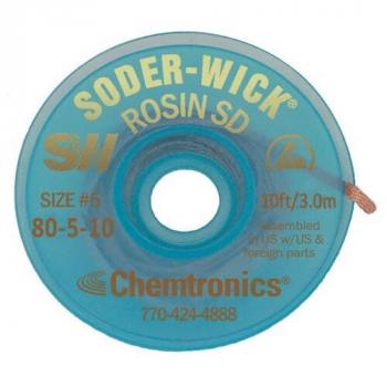 The image shows a rolling spool with a blue plastic coating. There is a hole in the middle. The label displays the words "SOLDER WICK" and technical specifications.