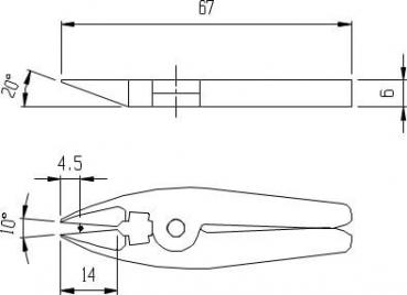 The image displays a technical drawing of a tool, likely a pair of pliers. It features a pointed and a broad side, with specified dimensions and angles.