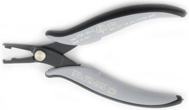 The image shows a pair of pliers with gray, non-slip grips. The pliers have curved, pointed jaws suitable for precise tasks, and a central pivot point for opening and closing.