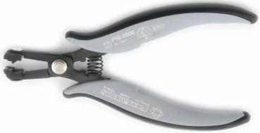 The image shows a pair of pliers with gray, rubberized handles and a black metallic tip. The pliers have a spring-loaded opening and are suitable for precise gripping.