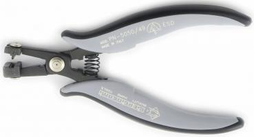 The image shows a pair of pliers with gray, ergonomic handles and a metal construction. It has a closed shape with a spring in the middle for opening and closing.