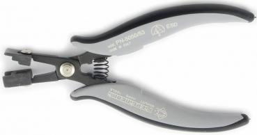 This is a pair of pliers with gray, ergonomic handles and a spring-loaded opening. The head has a sharp edge for cutting. Ideal for precise work.