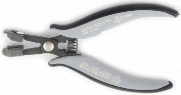 The image shows a pair of pliers with curved, non-slip handles in gray and black. The head has special openings for cutting or gripping objects. It is lightweight and ergonomic.