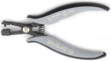 This is an ergonomic type of pliers with gray, rubberized grips. The pliers have movable jaws and a spring that facilitates opening. It is intended for precise work.
