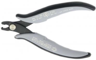 The image shows a pair of pliers with gray, ergonomic handles and a narrow, pointed cutting edge. The pliers have a simple, clear shape and a central spring for easy opening.