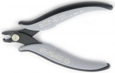 The image shows a pair of pliers with gray and black handles. The pliers have a narrow tip and an opening for gripping or cutting. They appear sturdy and lightweight.