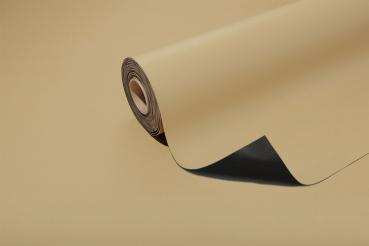 Das Bild zeigt eine Rolle von papierartigem Material in hellem Beige, das teilweise abgerollt ist. Die Unterseite ist schwarz, und der Rand des Papiers ist leicht gewellt.