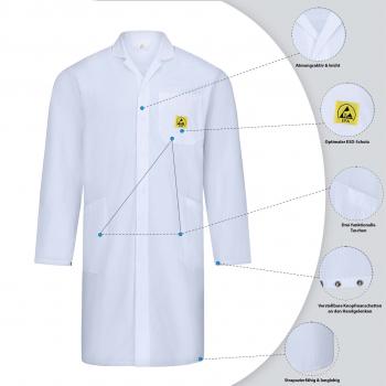 The image shows a white lab coat with long sleeves. It has a practical, straightforward shape, two pockets at the front, and a yellow logo on the left chest side.