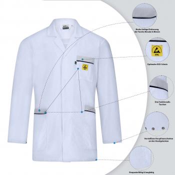 The image displays a white lab coat featuring various details: a chest pocket, a warning symbol, special fabrics, and notes on functionality.
