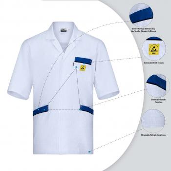 The image shows a white, short-sleeved shirt with blue details. It has a chest pocket, a logo, and special features that are highlighted, such as breathable material and practical pockets.
