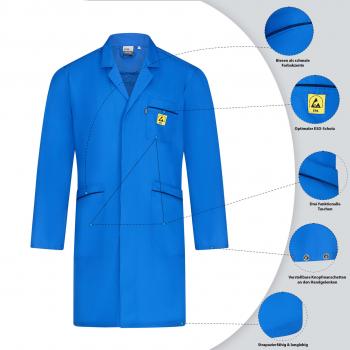 The image shows a long, blue lab coat with an embroidered logo. The coat features a collar, two side pockets, and is made from a durable material.