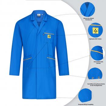 The image shows a blue work coat with long sleeves. It features a chest pocket, two side pockets, and yellow accents. There is a logo on the left chest side.