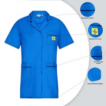 The image shows a short, blue work shirt with a collar and a chest pocket. Various details such as breathable material and durable fabric are highlighted.