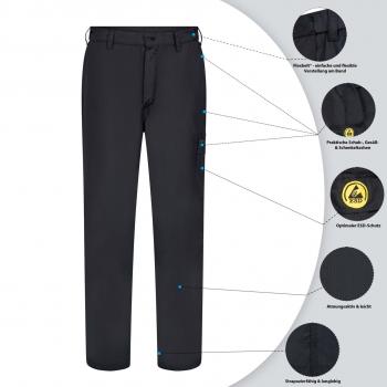 Das Bild zeigt eine schwarze Hose mit verschiedenen Details. Es gibt Taschen und Hinweise auf wasserdichte sowie atmungsaktive Eigenschaften. Die Hose ist für Outdoor-Aktivitäten geeignet.