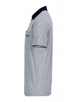The image shows a gray polo shirt with short sleeves. The collar is trimmed in dark blue and there is a small pocket on the left chest side.