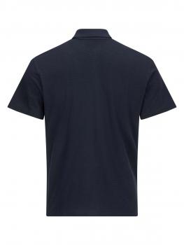 The image shows a simple, dark blue polo shirt from the back. It has short sleeves and a small collar. The fabric appears smooth and soft.