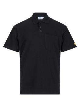 Das Bild zeigt ein schwarzes Poloshirt. Es hat einen klassischen Kragen, kurze Ärmel und eine Brusttasche. Auf dem rechten Ärmel ist ein gelbes Logo zu sehen. Das Material wirkt schlicht und elegant.