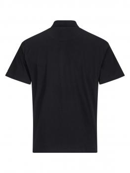 Das Bild zeigt ein schlichtes, schwarzes Poloshirt von hinten. Es hat kurze Ärmel und einen klassischen Kragen, ohne aufgedruckte Designs oder Verzierungen.