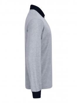 Das Bild zeigt ein graues Langarmshirt. Es hat einen schwarzen Kragen und die Ärmel sind ebenfalls schwarz. Das Material wirkt weich und die Schnittform ist lässig.