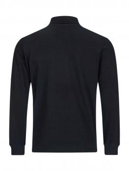 Das Bild zeigt ein schwarzes Langarmshirt aus der Rückansicht. Es hat einen Stehkragen und schmale Ärmel, der Stoff wirkt glatt und einheitlich ohne Muster.