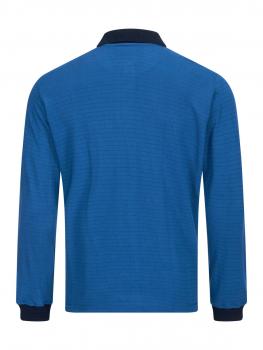The image shows a long-sleeved, blue polo shirt with a dark collar. The fabric has a fine, textured surface and the sleeves end with narrow cuffs.