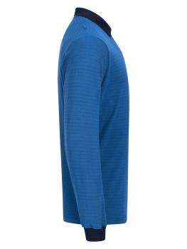 The image displays a long-sleeved, light blue top with a dark collar. It is made from textured fabric and features a simple, elegant cut.