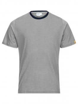 The image shows a gray striped T-shirt with a tight, dark blue crew neck. There is a small, yellow logo on the left shoulder.