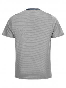 The image shows a gray striped T-shirt with a blue collar. It has short sleeves and a simple, casual shape. The stripes are narrow and evenly spaced.