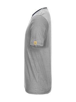 The image shows a gray T-shirt with a subtle striped pattern. It has a round neckline, short sleeves, and a yellow patch on the left side. The fit appears to be casual.