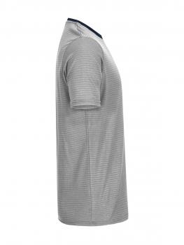 The image shows a gray T-shirt with a simple striped pattern. It has short sleeves and a softly rounded collar in a darker shade of gray. The view is from the side.