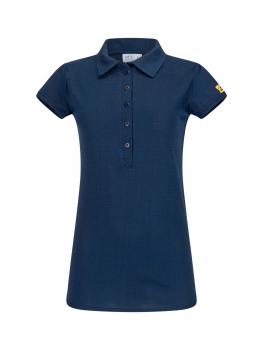 The image shows a dark blue polo shirt with short sleeves. It features a classic collar, a button placket, and a small logo on the sleeve. The material appears light and casual.