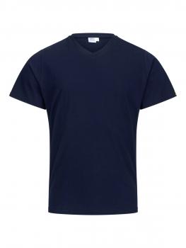 The image displays a simple, short-sleeved T-shirt in dark blue. It features a V-neck and is symmetrical with straight, narrow sleeves and a straight hem.
